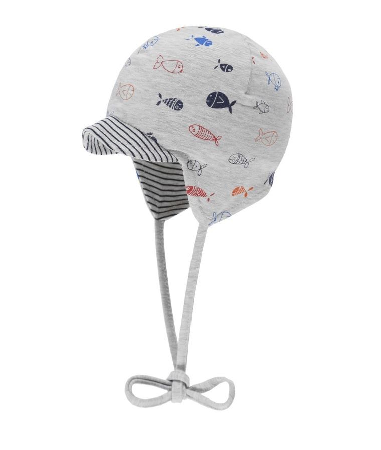 Czapka z daszkiem chłopięca, wiązana, szara, rybki, Döll