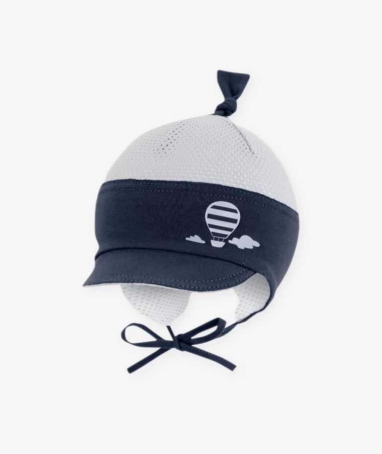 Czapka z daszkiem chłopięca, wiązana, szaro-granatowa, Iltom