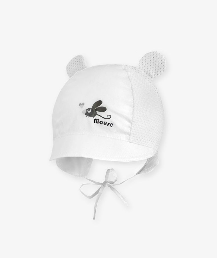 Czapka z daszkiem dziewczęca, wiązana, biała, uszy myszki, Iltom
