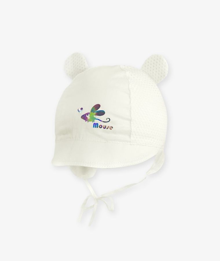 Czapka z daszkiem dziewczęca, wiązana, ecru, uszy myszki, Iltom