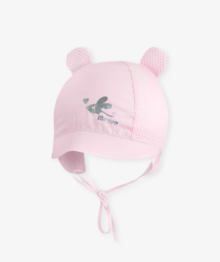 Czapka z daszkiem dziewczęca, wiązana, różowa, uszy myszki, Iltom