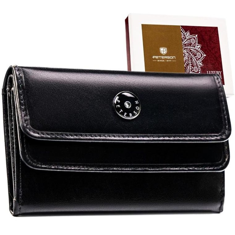 Czarny, skórzany portfel damski na zatrzask - Peterson