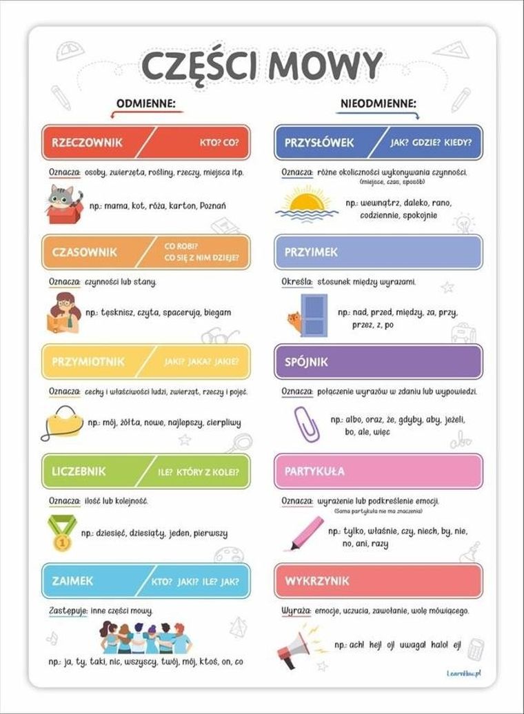 Części mowy. Plakat edukacyjny A3