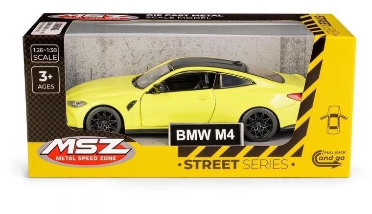 Daffi, MSZ, BMW M4, pojazd, model metalowy, żółty, 1:32