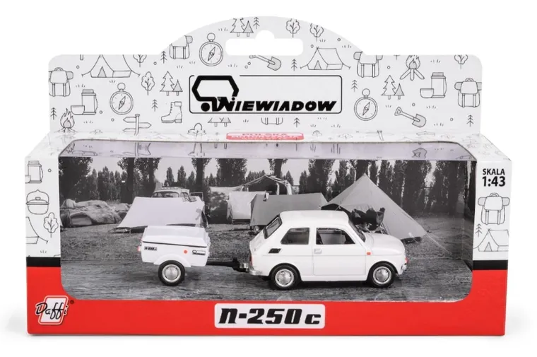 Daffi, Niewiadów, Fiat 126p z krótką przyczepką, pojazd, model metalowy, 1:43, biały