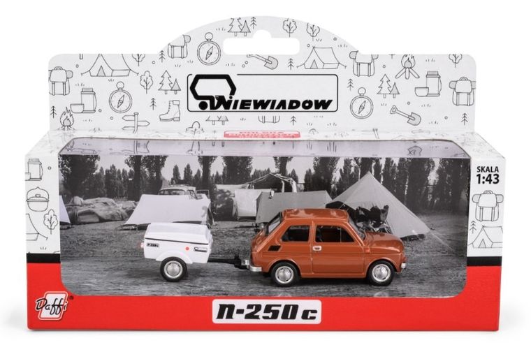 Daffi, Niewiadów, Fiat 126p z krótką przyczepką, pojazd, model metalowy, 1:43, brązowy