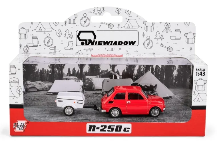 Daffi, Niewiadów, Fiat 126p z krótką przyczepką, pojazd, model metalowy, 1:43, czerwony