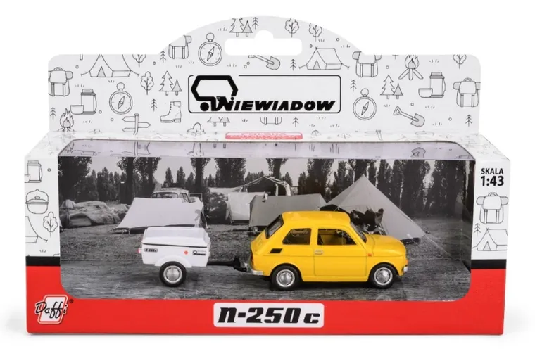 Daffi, Niewiadów, Fiat 126p z krótką przyczepką, pojazd, model metalowy, 1:43, żółty