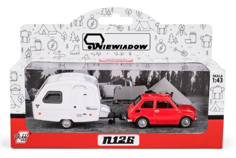 Daffi, Niewiadów, Fiat 126p z przyczepą kempingową, pojazd, model metalowy, czerwony, 1:43