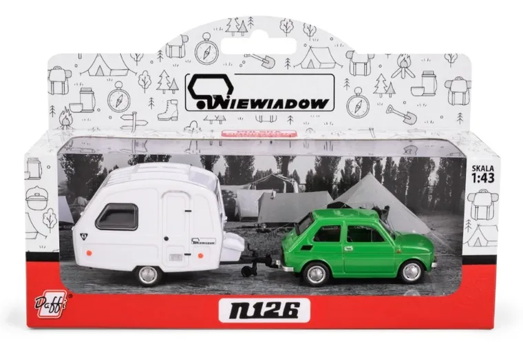 Daffi, Niewiadów, Fiat 126p z przyczepą kempingową, pojazd, model metalowy, zielony, 1:43