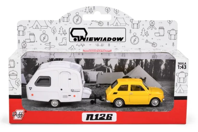 Daffi, Niewiadów, Fiat 126p z przyczepą kempingową, pojazd, model metalowy, żółty, 1:43