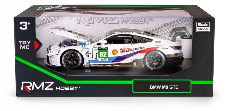 Daffi, RMZ Hobby, BMW M8 GTE, pojazd, interaktywny model metalowy, biały, 1:32