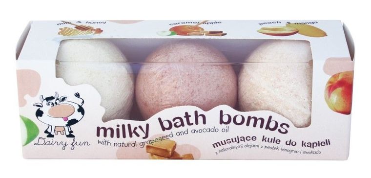 Dairy Fun, musujące kule do kąpieli, karmel-miód-brzoskwinia, 3-100g