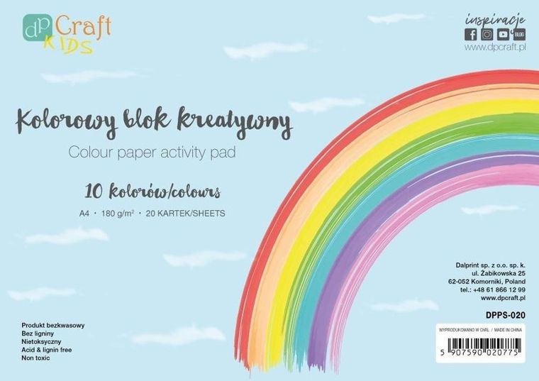 Dalprint, blok kolorowy A4, 20 arkuszy, 180g, 10 kolorów