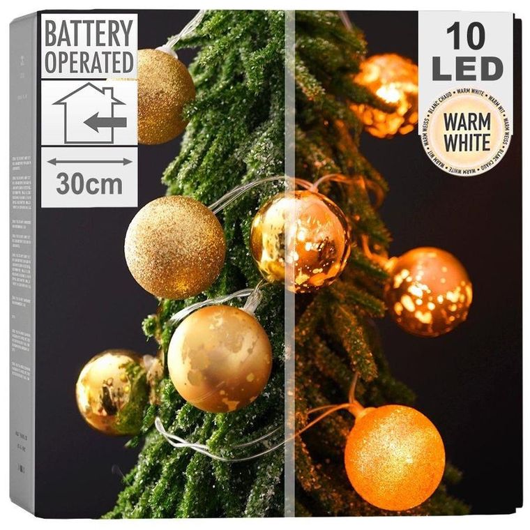 Decorative Lighting, lampki bombki choinkowe nietłukące, złote, 10 led, 4 cm