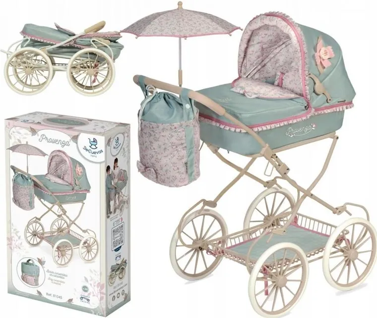 Decuevas, głęboki wózek dla lalek z torbą i parasolką, Provence