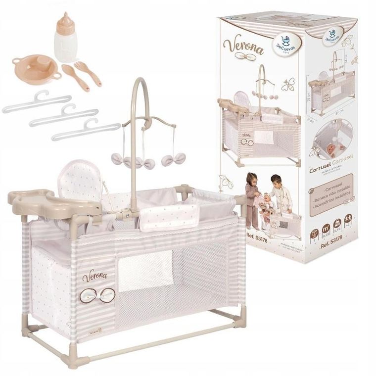 Decuevas, łóżeczko z krzesełkiem i szafą dla lalek 3w1