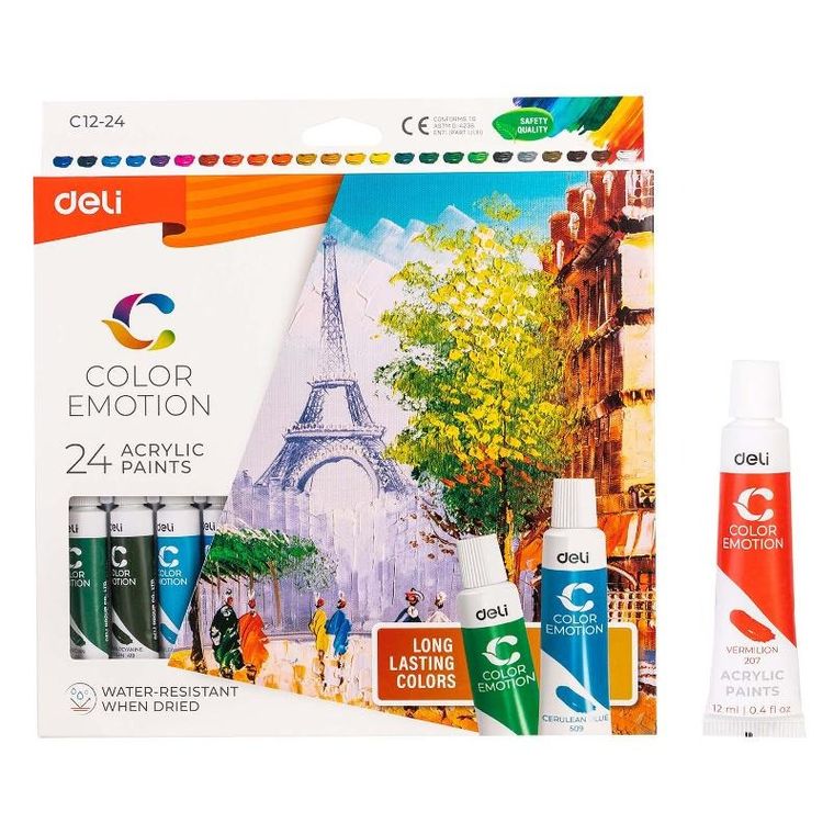 Deli, farby akrylowe, tuba, 24 kolory, 12 ml