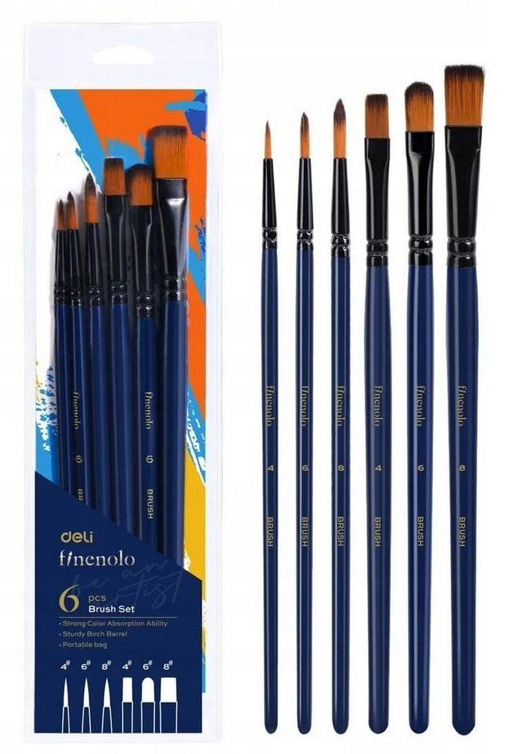 Deli, Finenolo, zestaw pędzli, miękki nylon, 6 szt.