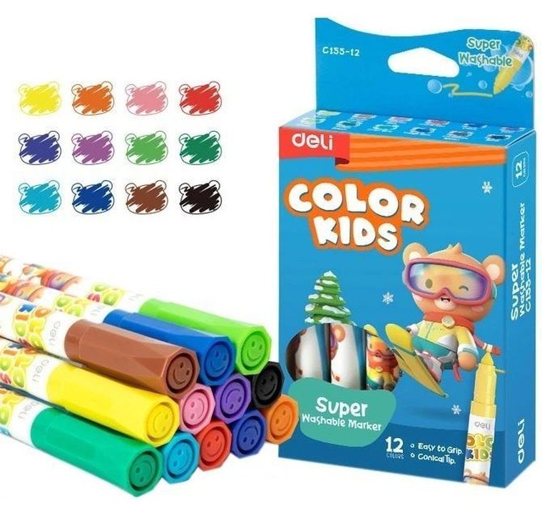 Deli, flamastry zmywalne z fibrową końcówką, 12 kolorów