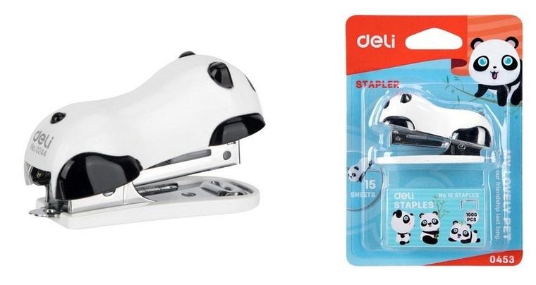 Deli, zszywacz, 15 kartek, zszywki 10, panda, biały
