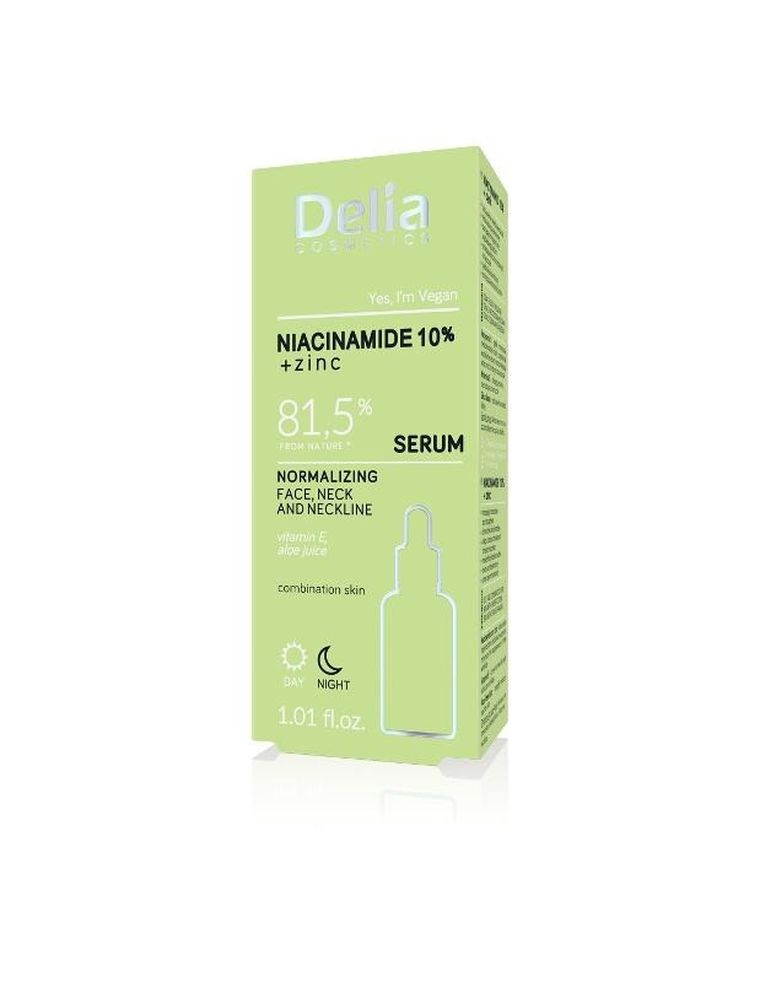 Delia Cosmetics, Niacinamide 10% + Zinc, serum normalizujące do twarzy, szyi i dekoltu na dzień i noc, 30 ml
