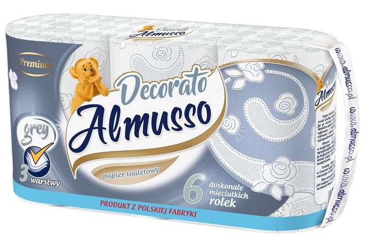 Der Waschkönig, Almusso decorato, papier toaletowy 3-warstowy, biało-szary, 6 rolek