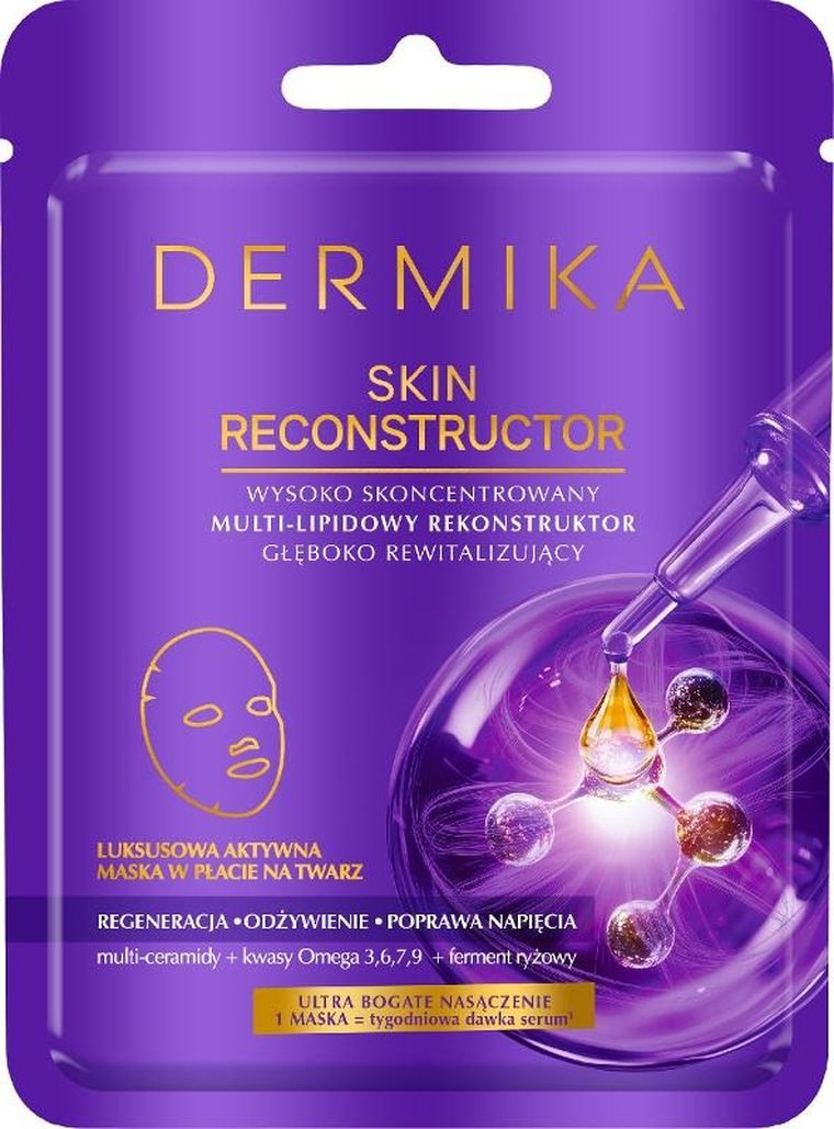 Dermika, Skin Reconstructor, wysoko skoncentrowany multi-lipidowy rekonstruktor głęboko rewitalizujący, luksusowa aktywna maska w płacie na twarz