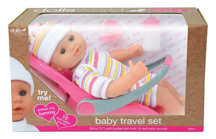 Dolls World, lalka bobas z fotelikiem samochodowym, 30 cm