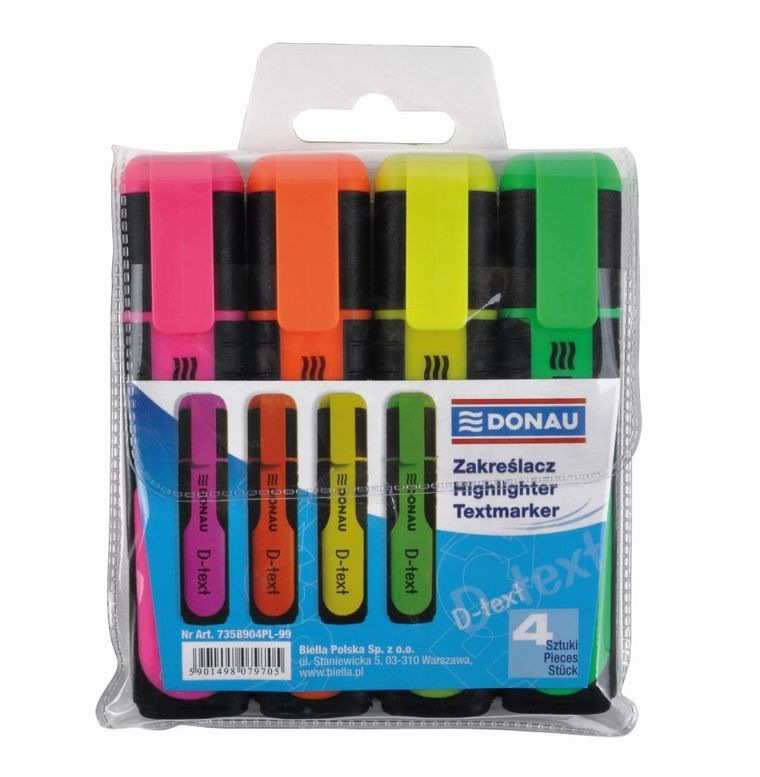 Donau, zakreślacze fluorescencyjne, 1-5 mm, zestaw, 4 szt.