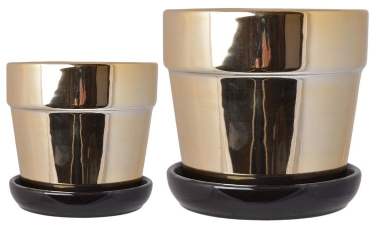 Doniczka ceramiczna, złota z czarną podstawką, duża, 17,5-17,5-17 cm