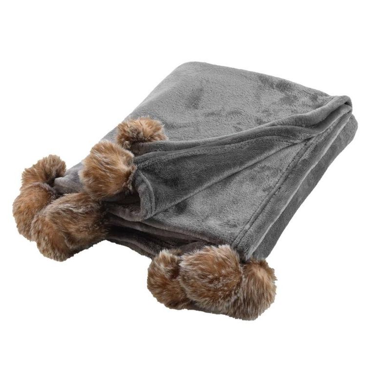 Douceur d'intérieur, miękki koc futrzak, Snowy, z pomponami, 125-150 cm