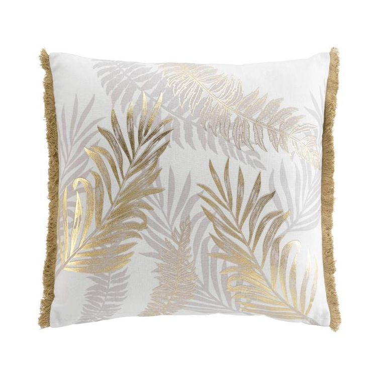 douceur d'intérieur, ozdobna poduszka ze złotym wzorem i frędzlami, 50-50 cm