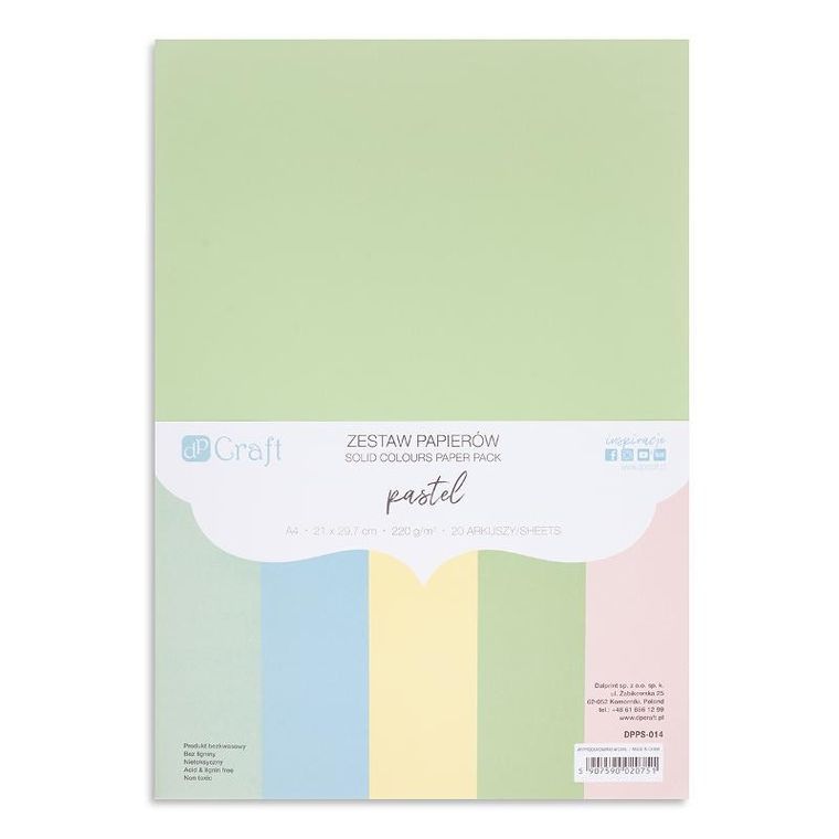 DP Craft, zestaw papierów A4, pastel, 220g, 20 ark.