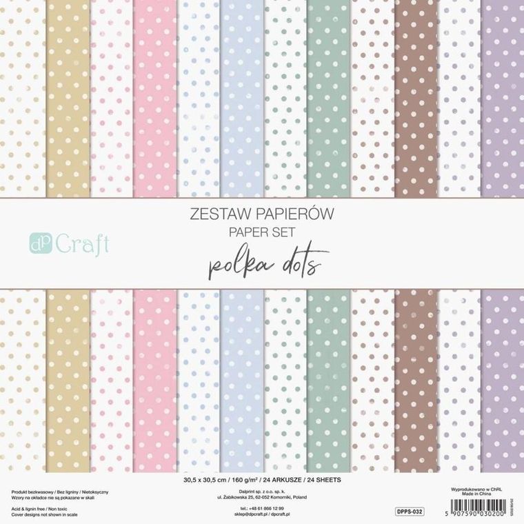 DP Craft, zestaw papierów kolorowych, polka dots, 30,5-30,5 cm, 24 arkusze