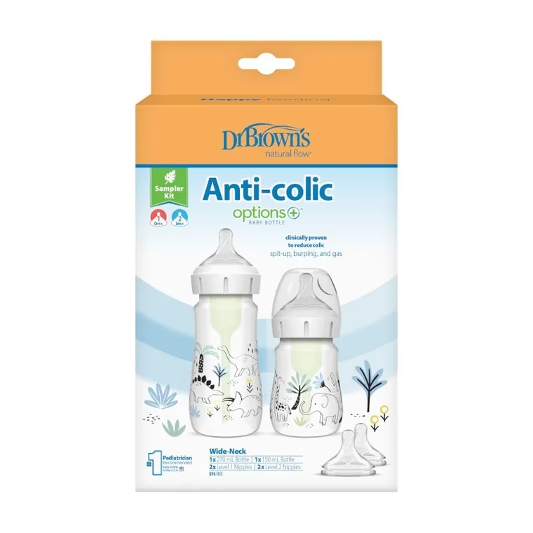Dr Brown's, Options+, zestaw startowy: butelka, 150 ml + butelka, 270 ml + smoczek, poziom 1, 2 szt. + smoczek, poziom 2, 2 szt. + szczoteczka