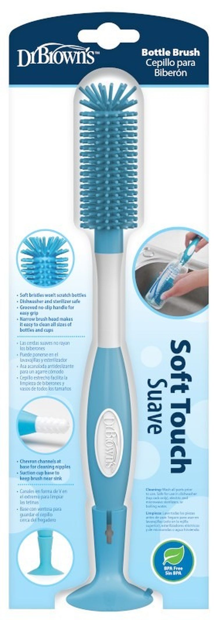 Dr Brown's, szczotka do butelek, miękkie silikonowe włosie, niebieska