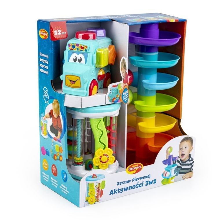 Dumel Discovery, Zestaw Pierwszej Aktywności 3w1, wieża, pojazd sorter, zabawki sensoryczne