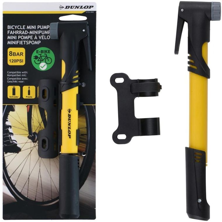 Dunlop, pompka rowerowa mini, 8bar, żółta