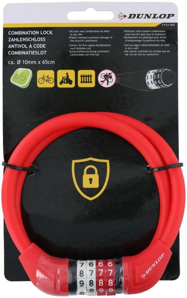 Dunlop, zapięcie rowerowe, linka szyfr, 10-65 cm, czerwony