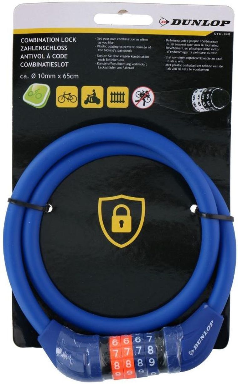 Dunlop, zapięcie rowerowe, linka szyfr, 10-65 cm, niebieski