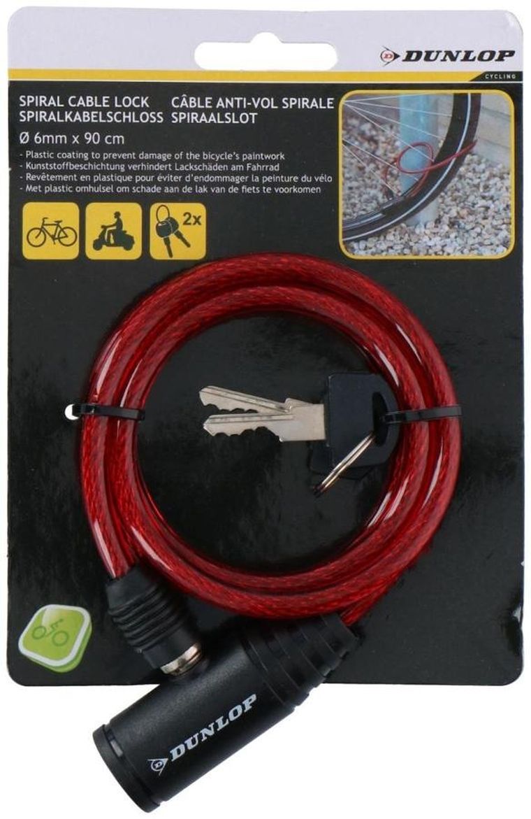 Dunlop, zapięcie rowerowe spiralne na klucz, czerwone, 90 cm