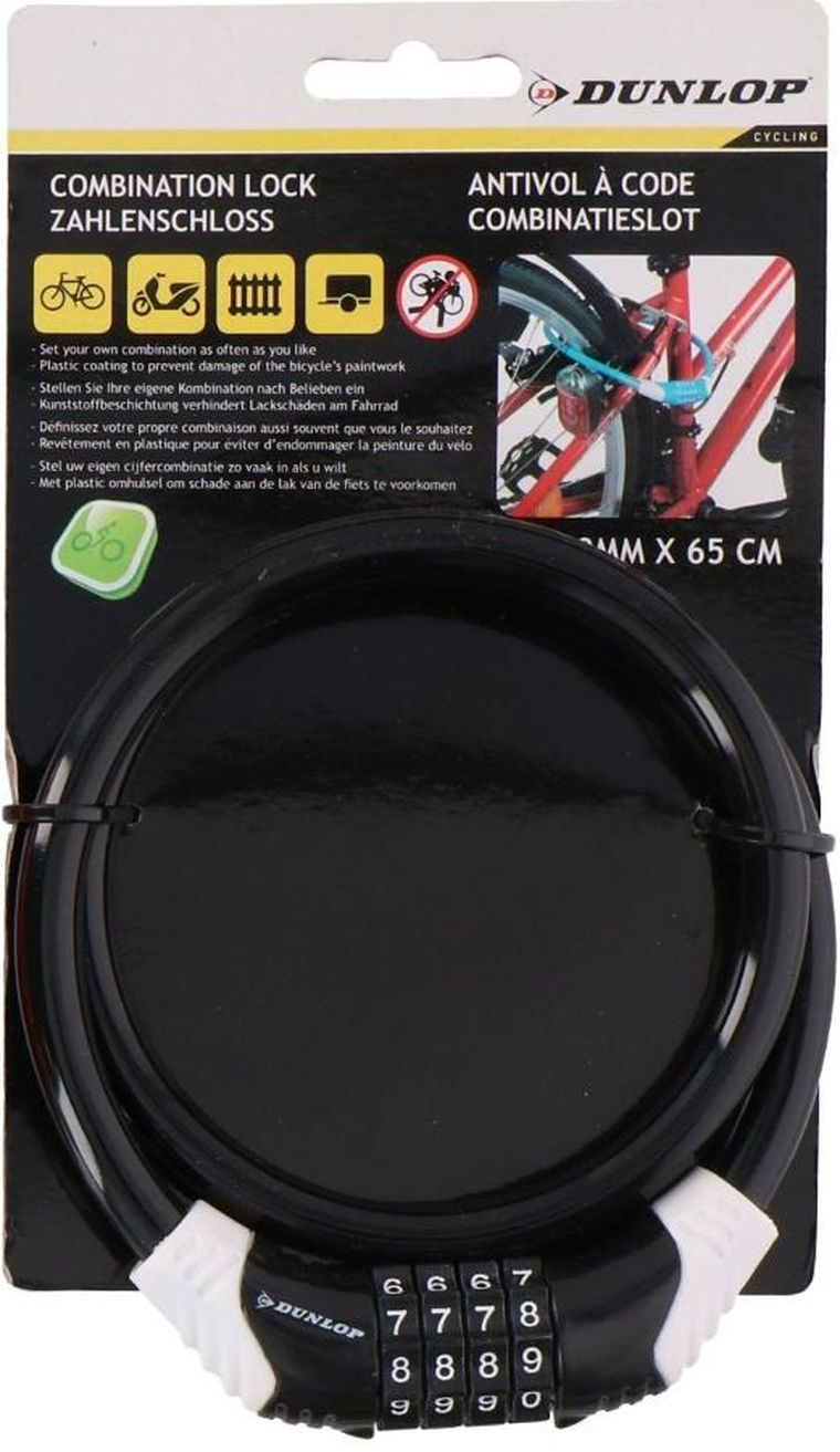 Dunlop, zapięcie rowerowe spiralne na szyfr, 10mmx65 cm, czarne