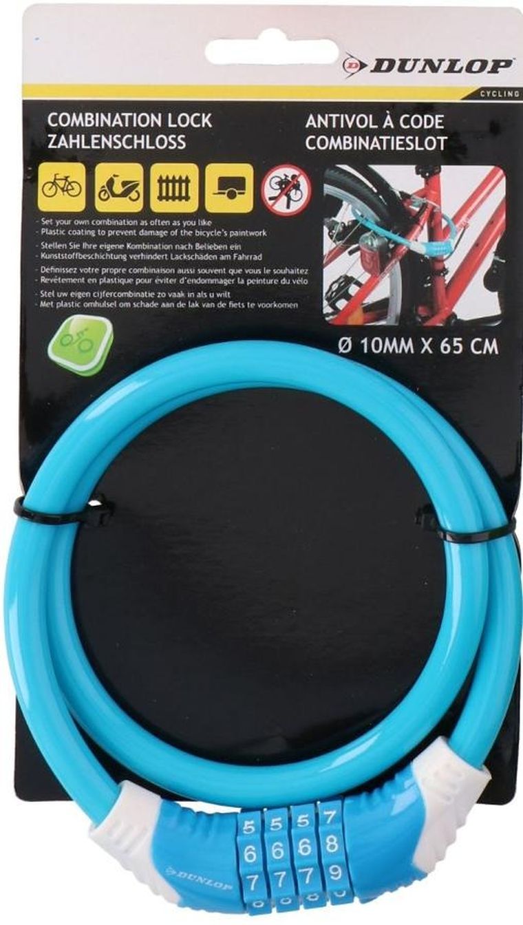 Dunlop, zapięcie rowerowe spiralne, na szyfr, 10mmx65 cm, niebieski