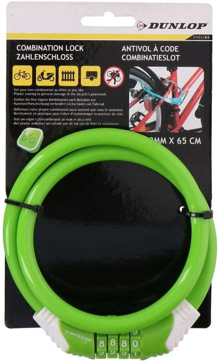 Dunlop, zapięcie rowerowe spiralne, na szyfr, 10mmx65 cm, zielone