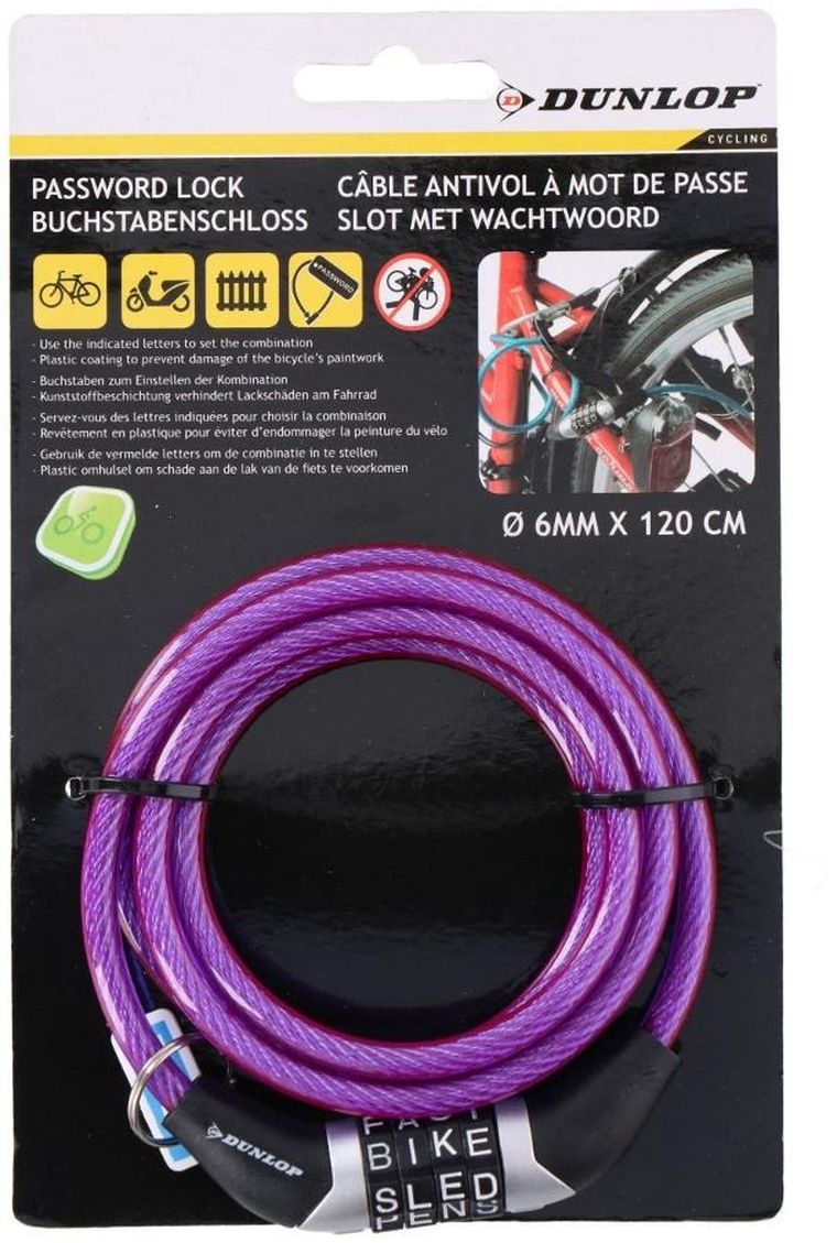 Dunlop, zapięcie rowerowe, spiralne, szyfr, fioletowe, 06-120 cm