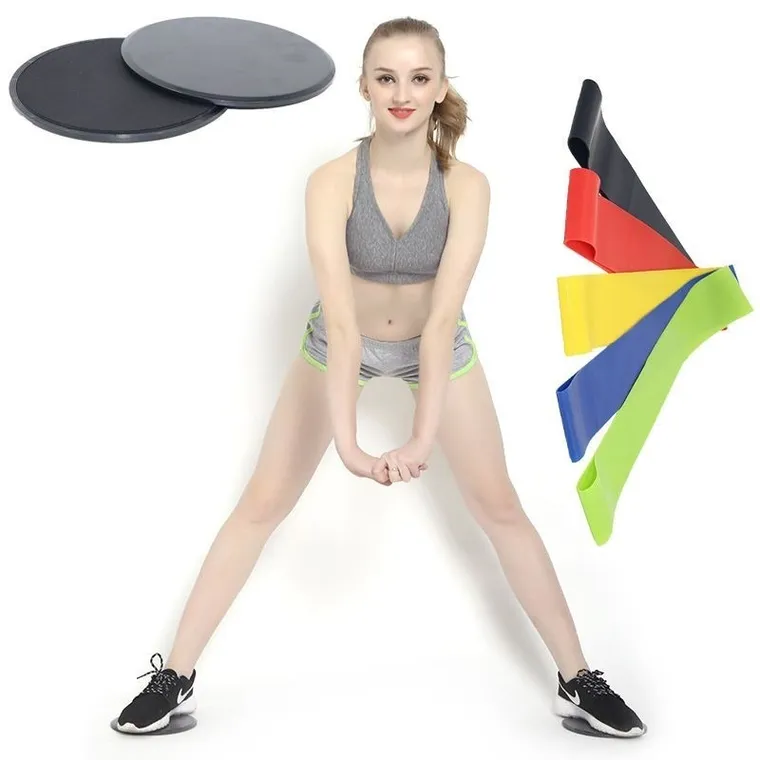 Dyski poślizgowe + 5 szt. gumy do ćwiczeń, czarne