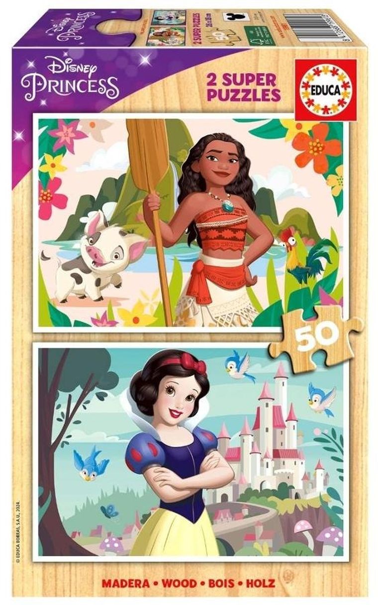 Educa, Księżniczki Disneya, Vaiana + Królewna Śnieżka, puzzle drewniane, 2-50 elementów