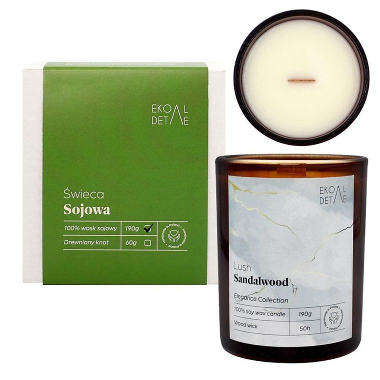EkoDetale, Elegance, świeca sojowa w szkle, Lush Sandalwood, 190g