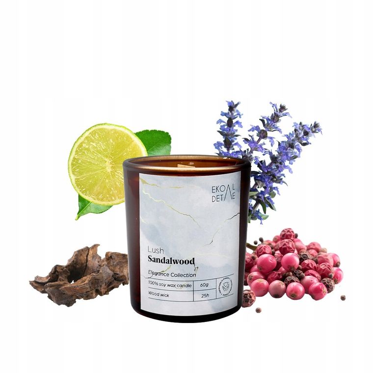 EkoDetale, Elegance, świeca sojowa w szkle, Lush Sandalwood, 60g
